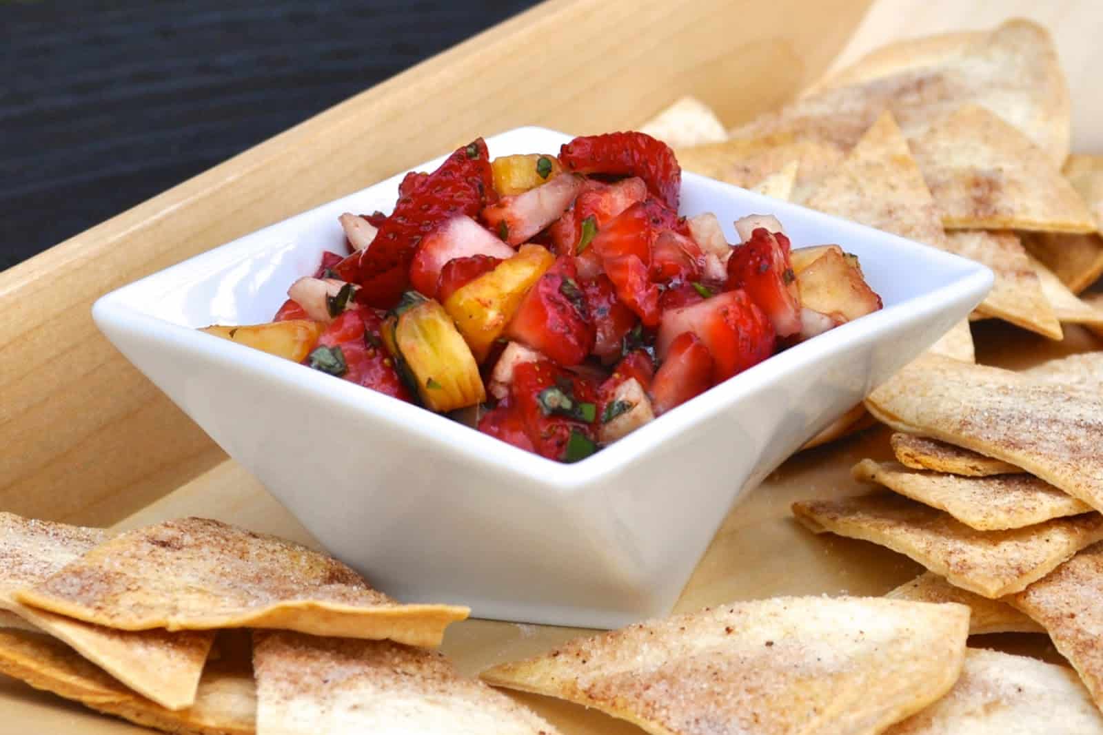 Sweet Strawberry Salsa with Baked Cinnamon Tortilla Chips