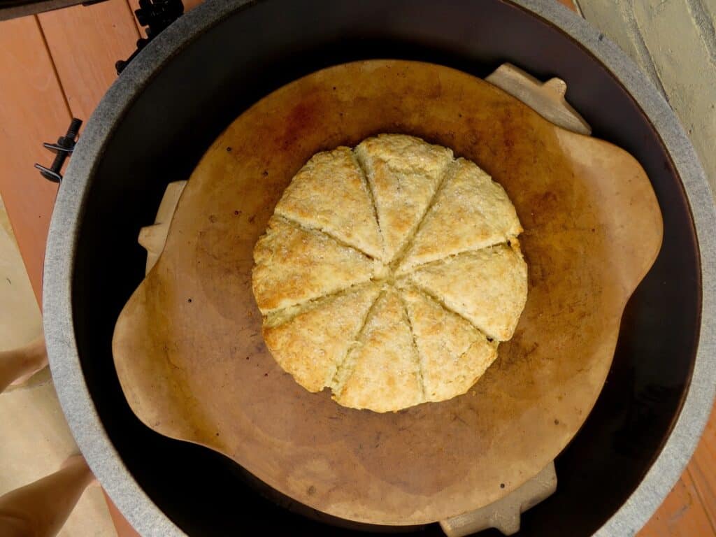 Outdoor Scones on a baking stone cooked on a Big Green Egg.