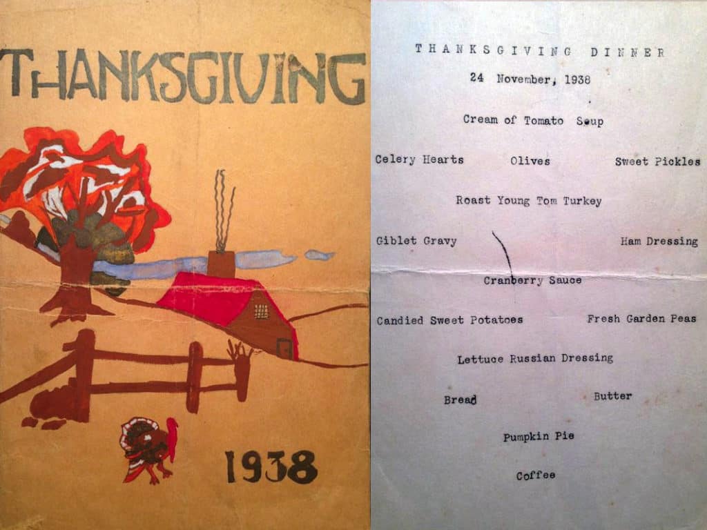 A Thanksgiving menu, and decorative cover, from 1938.