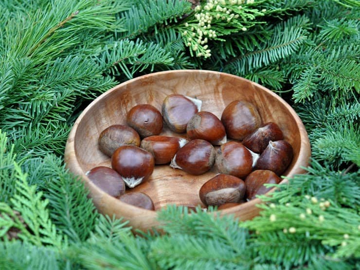 Wooden bowl filled with chestnuts in an evergreen wreath