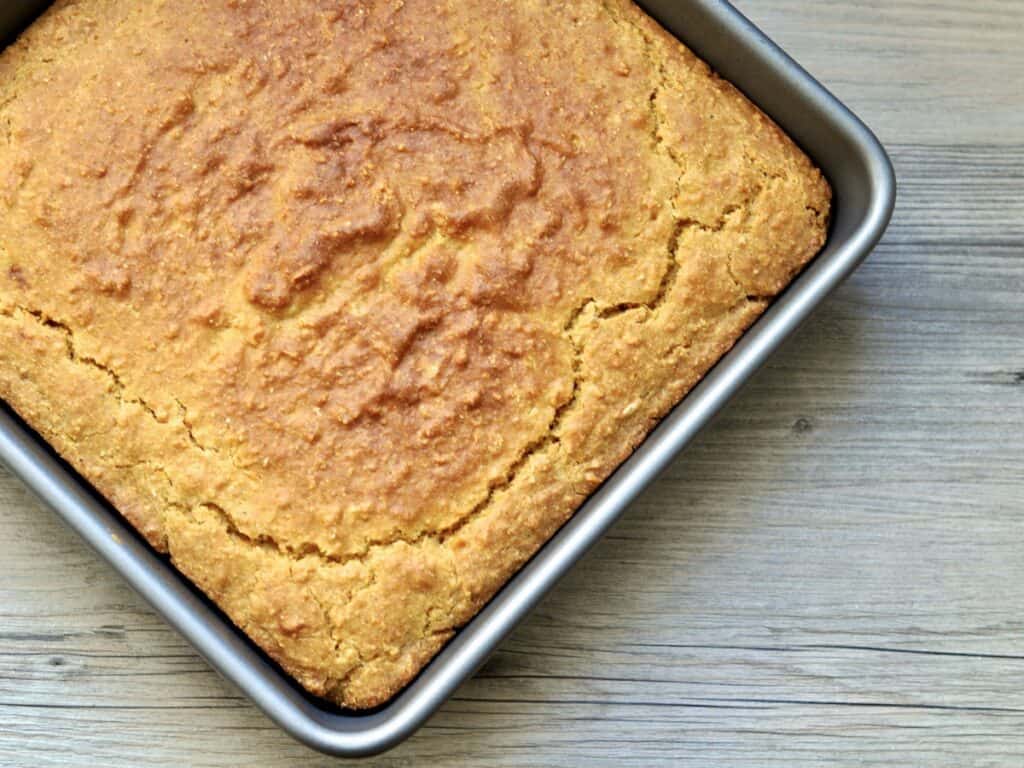 A pan of whole grain Back to Basics Cornbread still in the pan.