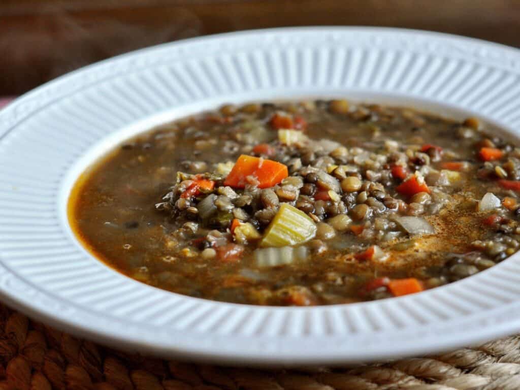 A bowl filled with Lentil Soup.