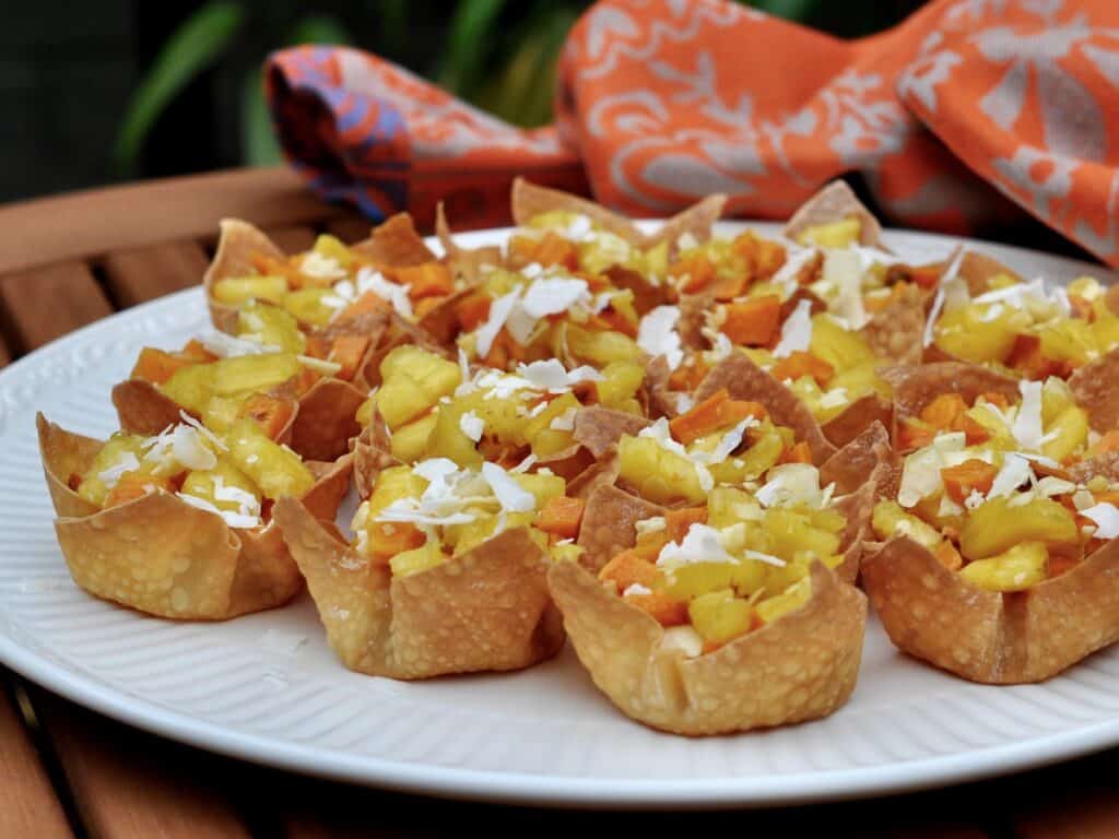 Pineapple Sweet Potato Salsa in Wonton Cups.