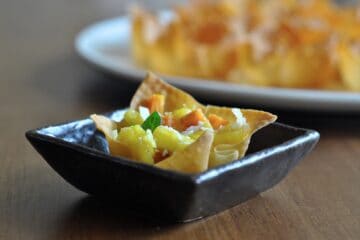 Pineapple Sweet Potato Salsa in Wonton Cup on small Japanese Plate.