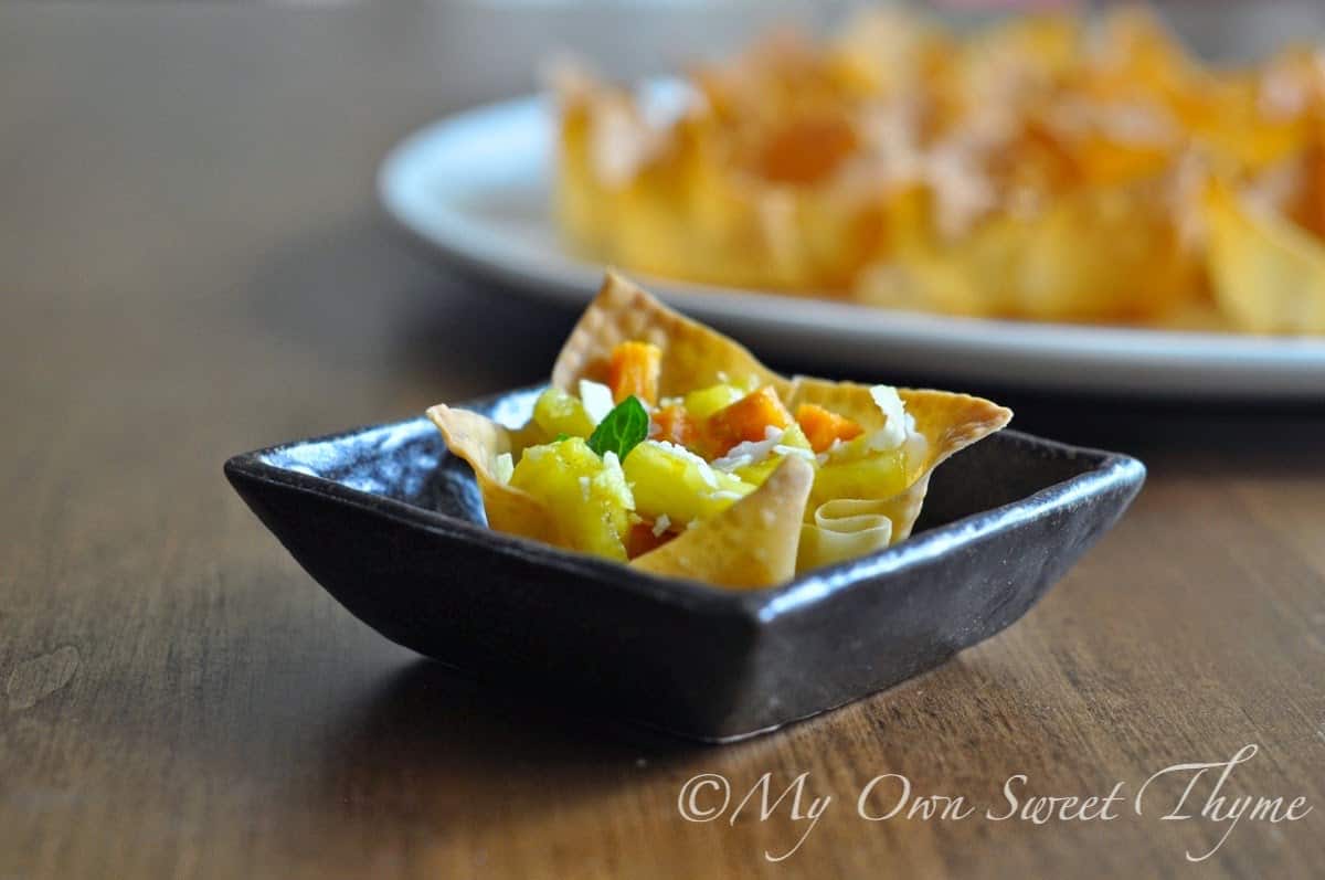 Pineapple Sweet Potato Salsa in Wonton Cup on small Japanese Plate