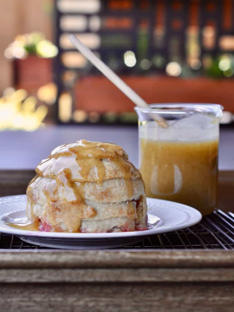 Beehive Peach with Bourbon Sauce in an outdoor setting