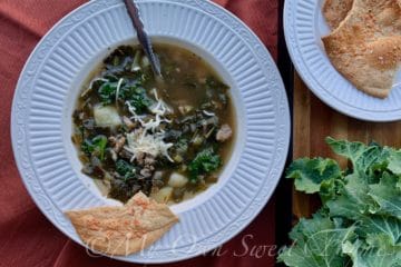 Kale and Potato Soup with Sausage served with Sourdough Cracker Leaves