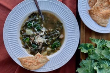 Kale and Potato Soup with Sausage served with Sourdough Cracker Leaves.