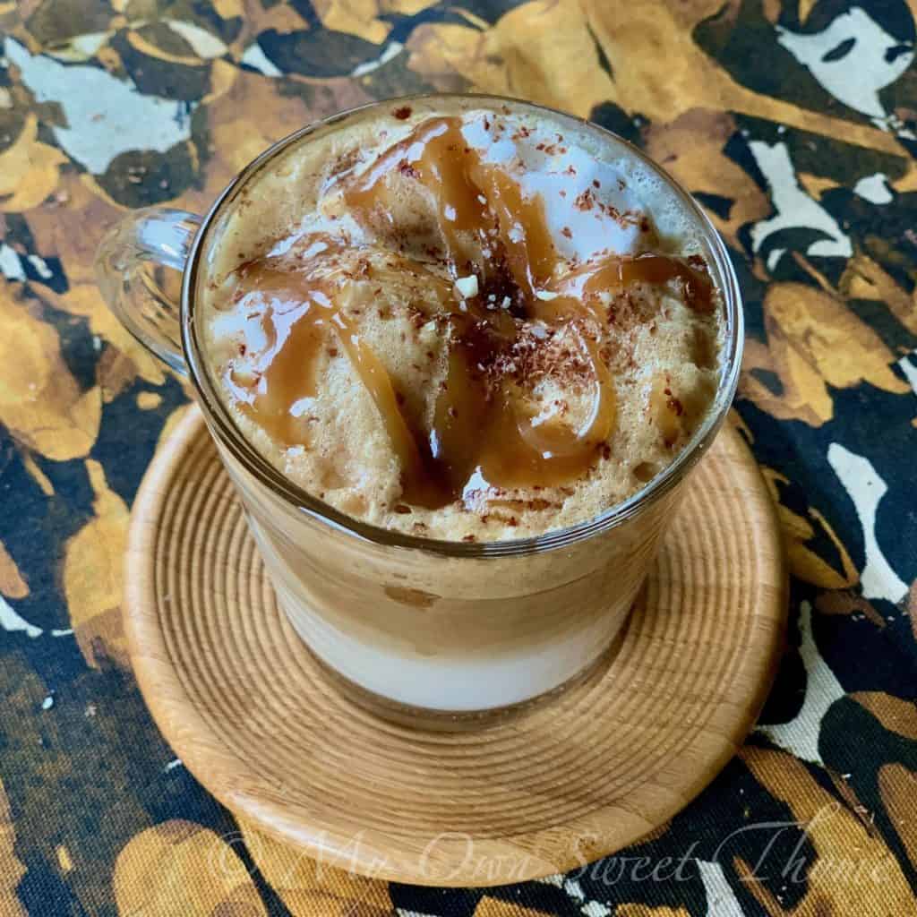 Peanut Butter Fudge Latte in a glass cup