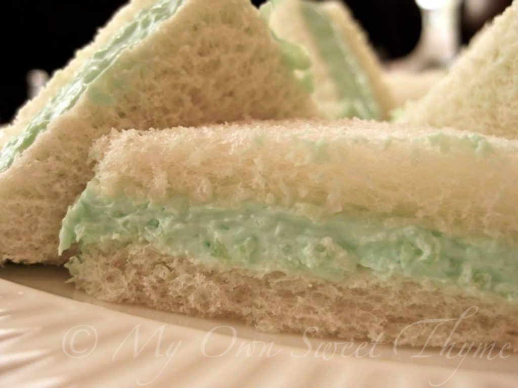 Close up of Benedictine Spread on tea sandwiches