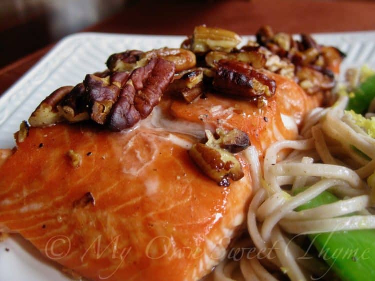 Bourbon Pecan Salmon with a side of Lemon Pasta with Snow Peas