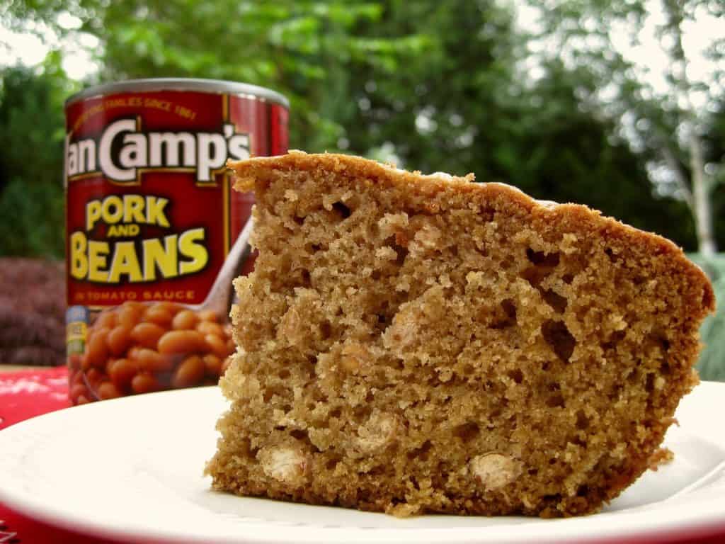 A slice of Pork and Beans Bread with a can of pork and beans