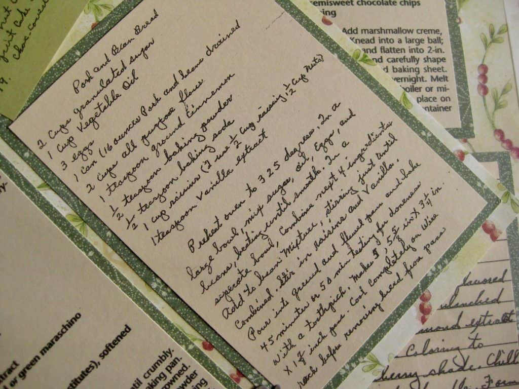 Handwritten recipe for Pork and Beans Bread displayed in our handmade Family Heirloom Cookbook