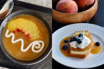 Cold Peach Soup served as first course soup and as a dessert spooned over Pound Cake