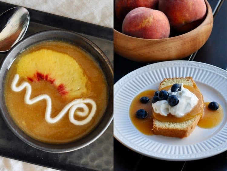 Cold Peach Soup served as first course soup and as a dessert spooned over Pound Cake