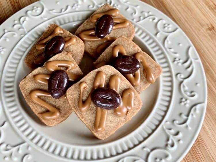 Cinnamon Coffee Crisps with Coffee Icing and coffee bean candies.