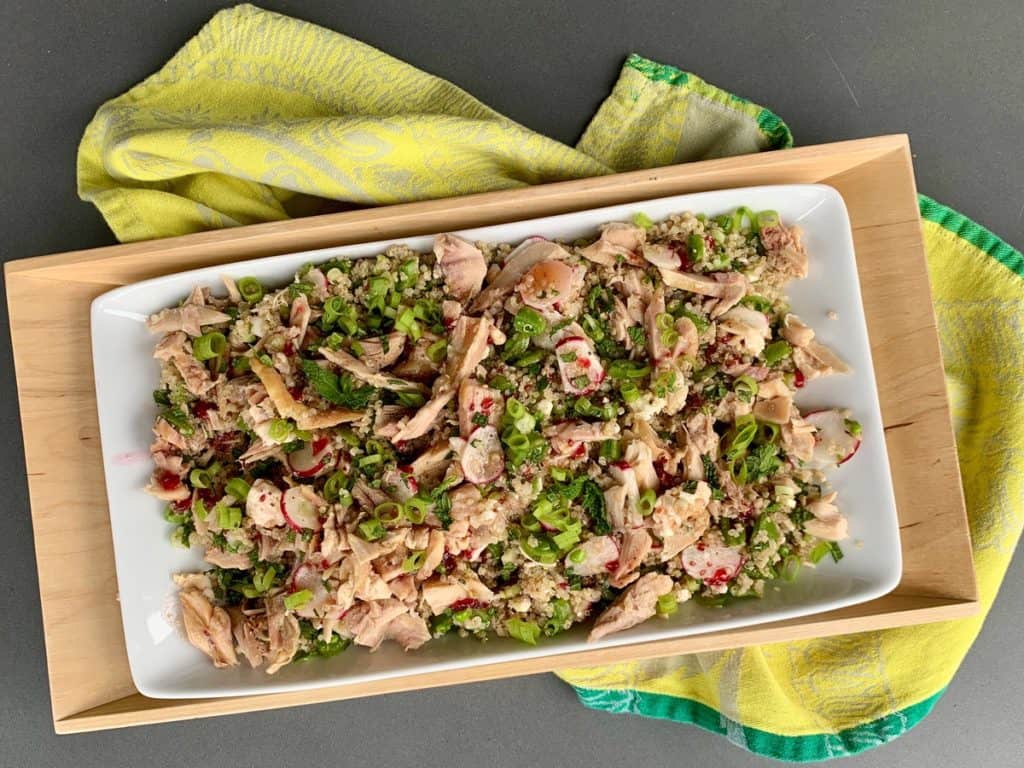 Radishes, sugar snap peas and fresh mint are mixed with quinoa and rotisserie chicken in this Spring Garden Salad.