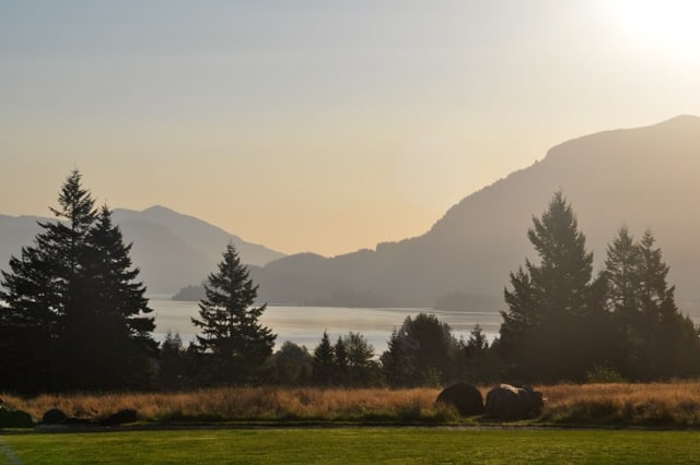 View of the Columbia River from Skamania Lodge through the smoke in autumn of 2012.