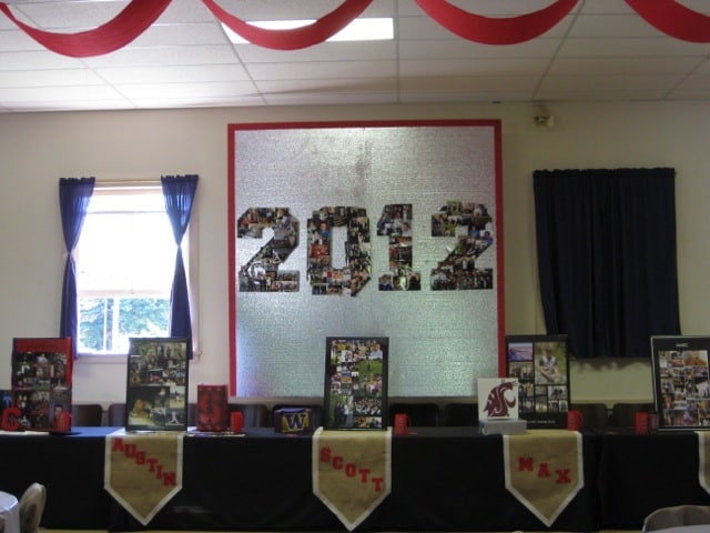 Graduation party decorations including individual collages, photo collage of graduation year, ceiling and table drawings