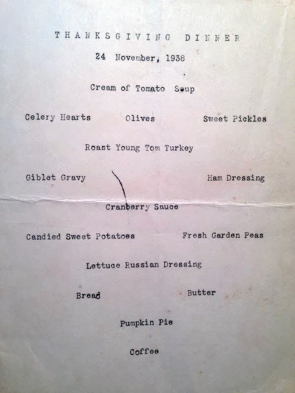 A Thanksgiving Dinner menu from 1938 - typed on a creased piece of cardstock