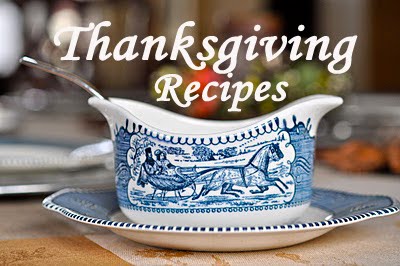 "Thanksgiving Recipes" text over background of Courier and Ives Ironstone Gravy Boat
